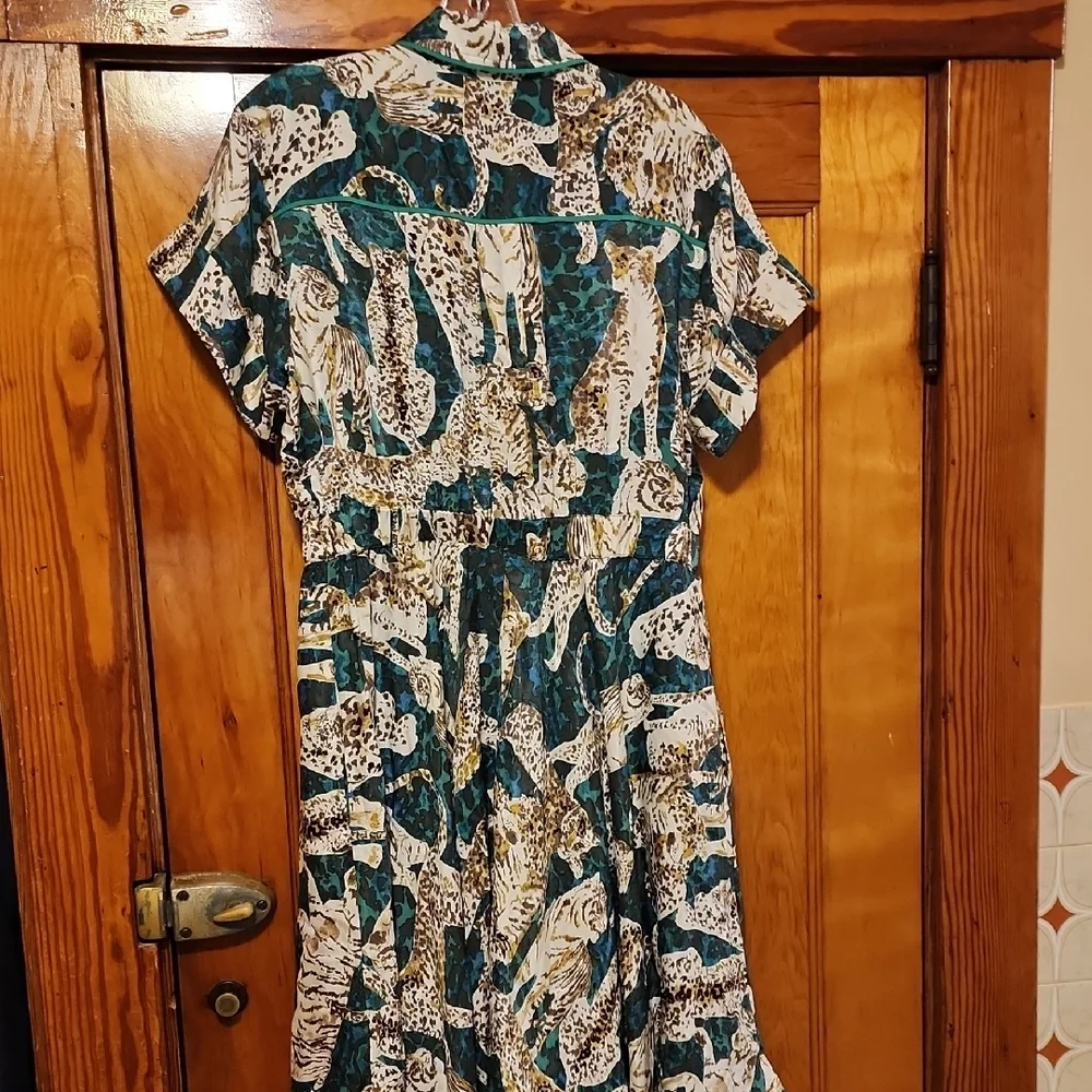 Maeve Teal and White Animal-Print Shirt Dress Medium - Picture 7 of 12